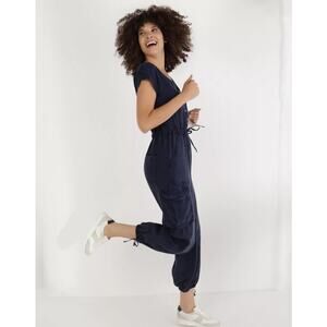 Aerie utility jumpsuit soft blue short sleeve pants cargo pockets snap front S